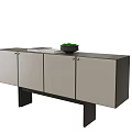 Modern Decorative Cabinet Featuring Gray Doors Black Top And Decorative Items On Top