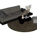 Modern Upholstered Sofa and Coffee Table Set with Gray Pillows Round Table Decor Stool Rug 3d model
