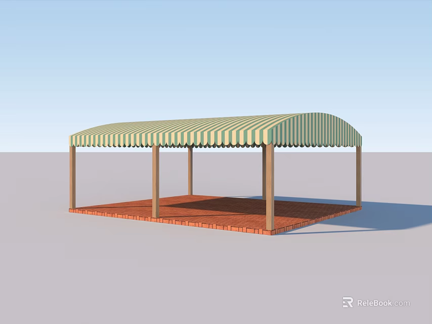 Outdoor Patio Cover With Striped Awning Wooden Posts And Red Brick Floor 3d model 