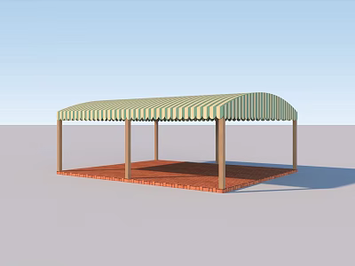 Outdoor Patio Cover With Striped Awning Wooden Posts And Red Brick Floor 3d model