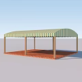 Outdoor Patio Cover With Striped Awning Wooden Posts And Red Brick Floor