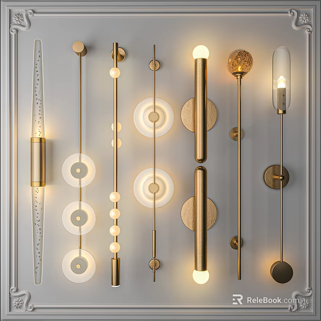 Elegant Modern Golden Wall Lamps Featuring Various Circular And Cylindrical Designs 3d model 