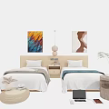 Cozy Single Beds With Wooden Headboard Abstract Paintings Pendant Light And Green Plant