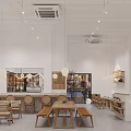 Modern Café Interior Design With Wooden Furniture Counter Green Plants And Hanging Lights
