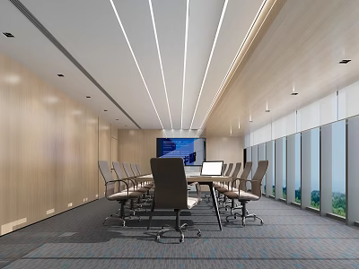 Modern Spacious Conference Room With Long Table Multiple Chairs Projector Screen And Large Windows 3d model