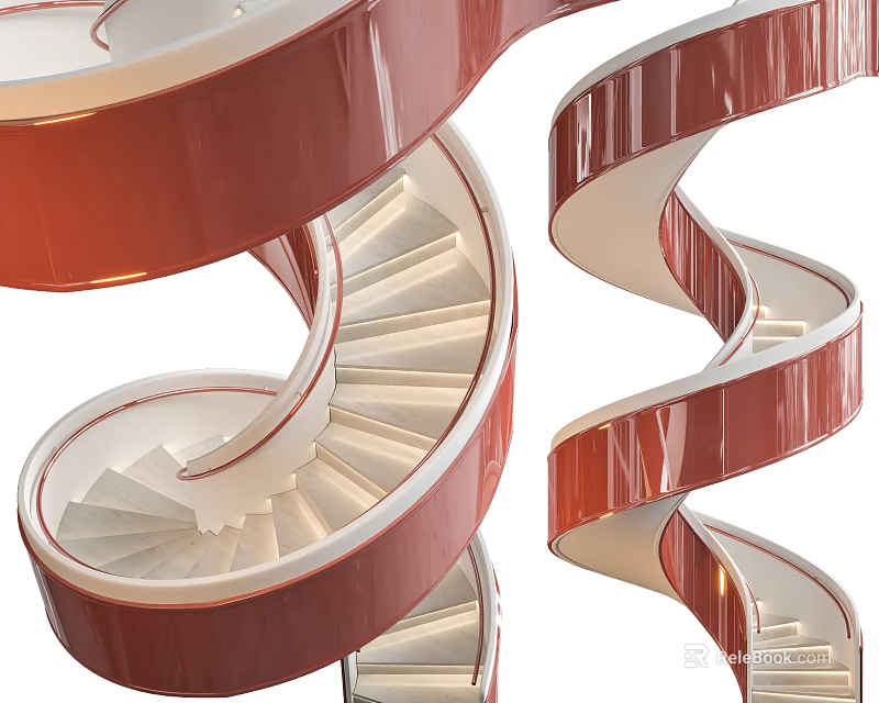 Elegant Modern Spiral Staircase Interior With Red Handrails White Steps And Glossy Surface 3d model