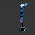 Futuristic Blue Armored Robot Game Movie Character With Pink Weapons And Skateboard Device