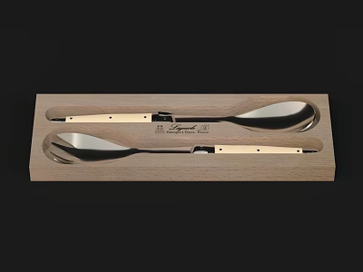 Stainless Steel Cutlery Set With Wooden Handles And Serving Spoons In Wooden Case 3d model