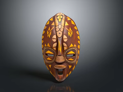 Intricate Handcrafted Traditional African Tribal Mask With Brown Yellow Geometric Patterns 3d model