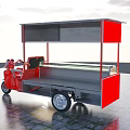 Red Tricycle Food Cart With Transparent Display Counter On Stone Paved Ground