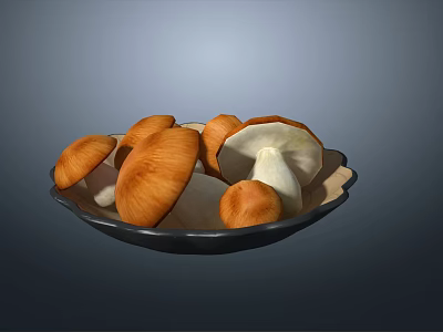 Fresh Mushrooms With Brown Caps And White Stems Arranged In Black Plate On Gray Background 3d model