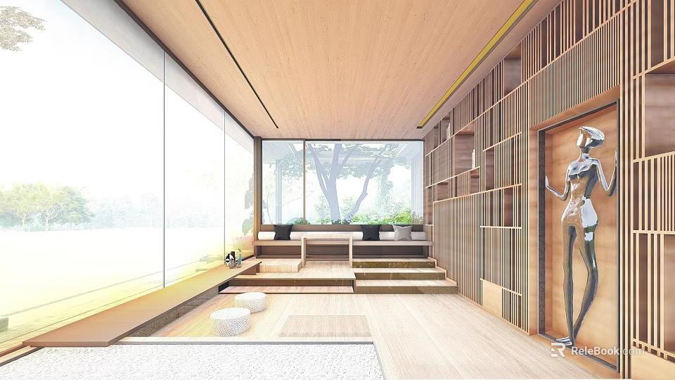Modern Indoor Wooden Pergola Design With Large Windows Steps And Wooden Shelves 3d model 