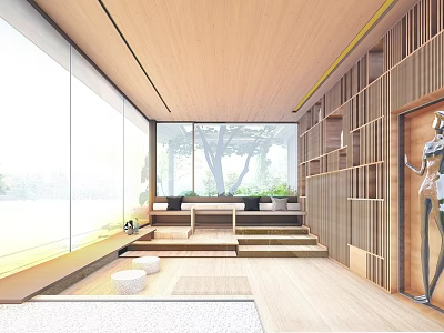 Modern Indoor Wooden Pergola Design With Large Windows Steps And Wooden Shelves 3d model