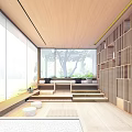 Modern Indoor Wooden Pergola Design With Large Windows Steps And Wooden Shelves