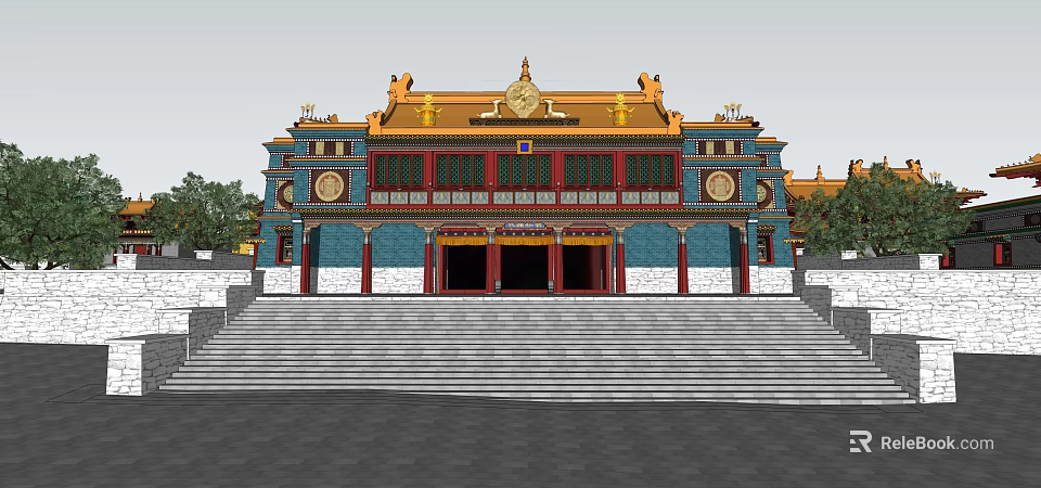 Ancient Chinese Architecture Traditional Design With Yellow Roof Blue Walls Red Doors And Stone Steps 3d model 