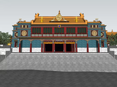 Ancient Chinese Architecture Traditional Design With Yellow Roof Blue Walls Red Doors And Stone Steps 3d model
