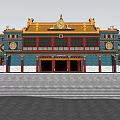 Ancient Chinese Architecture Traditional Design With Yellow Roof Blue Walls Red Doors And Stone Steps