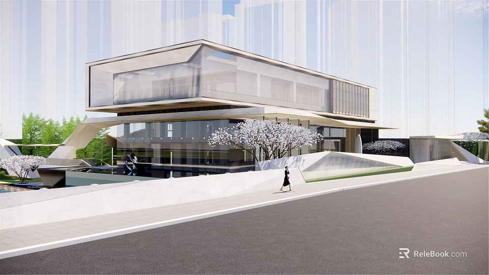 Modern Sales Office Building With Glass Curtain Wall And Landscaped Entrance Area 3d model 