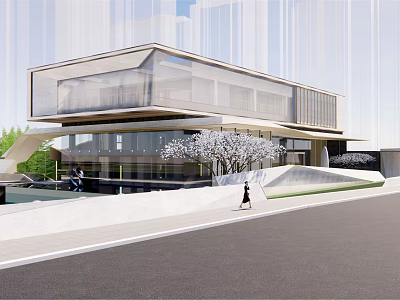 Modern Sales Office Building With Glass Curtain Wall And Landscaped Entrance Area 3d model