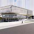 Modern Sales Office Building With Glass Curtain Wall And Landscaped Entrance Area