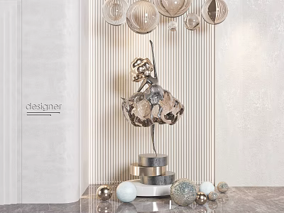 Silver Ballet Dancer Sculpture Carved Design With Marble Base Striped Wall Pendant Lights Decorative Balls 3d model