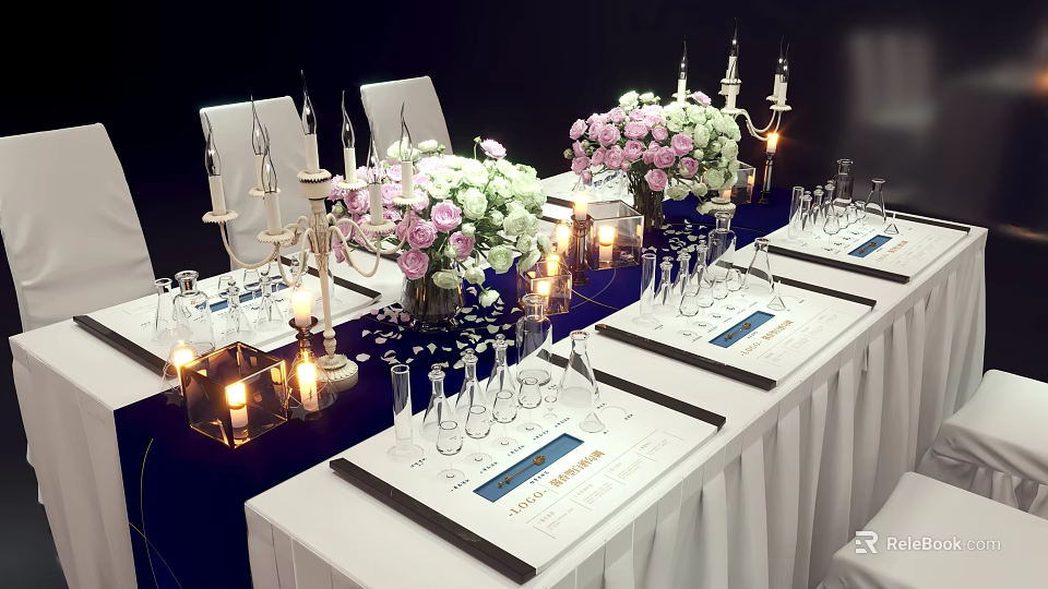 Elegant Dining Table Setup With Floral Bouquets Candles Wine Glasses And Menu Cards 3d model 