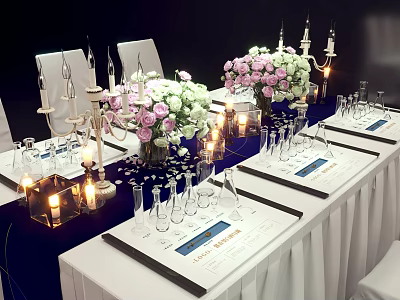 Elegant Dining Table Setup With Floral Bouquets Candles Wine Glasses And Menu Cards 3d model