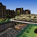 Commercial Complex Plaza With Modern Glass Roof Trees And Pedestrian Area