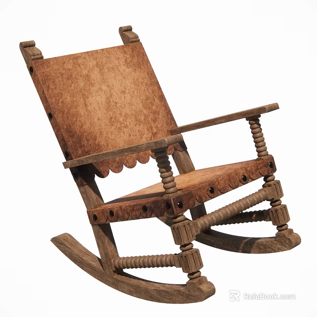 Vintage Wooden Leisure Rocking Chair With Leather Seat Scalloped Edges And Carved Armrests 3d model 