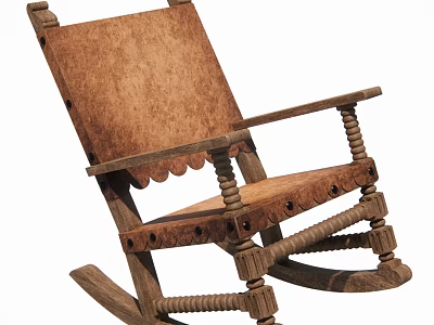 Vintage Wooden Leisure Rocking Chair With Leather Seat Scalloped Edges And Carved Armrests 3d model