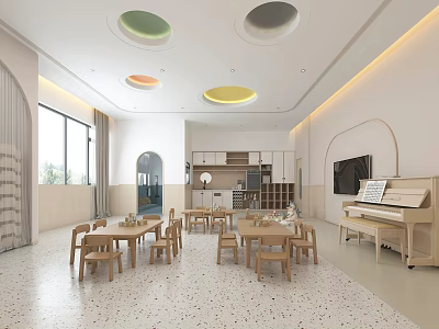 Kindergarten Interior With Colorful Ceiling Lights Wooden Furniture And Piano 3d model