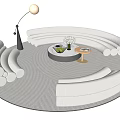Modern White Curved Sofa And Round Coffee Table With Floor Lamp Green Plant Circular Rug
