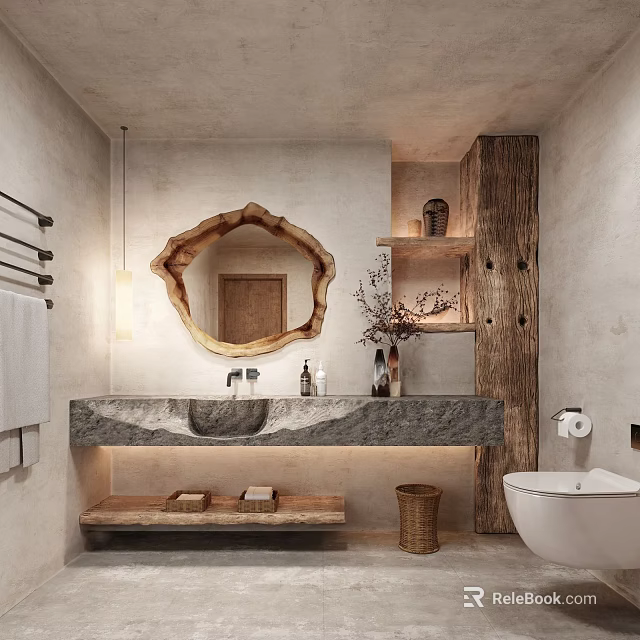Rustic Bathroom Interior With Natural Wooden Mirror Above Stone Sink Counter And Gray Walls Shelves 3d model 