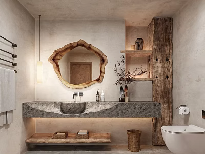 Rustic Bathroom Interior With Natural Wooden Mirror Above Stone Sink Counter And Gray Walls Shelves 3d model