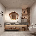 Rustic Bathroom Interior With Natural Wooden Mirror Above Stone Sink Counter And Gray Walls Shelves