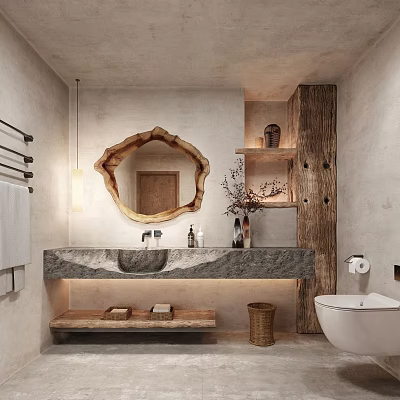 Rustic Bathroom Interior With Natural Wooden Mirror Above Stone Sink Counter And Gray Walls Shelves 3d model