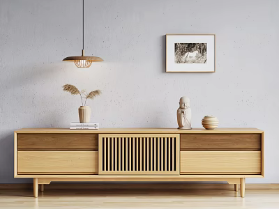 Minimalist Modern Light Wood TV Stand With Decorative Vase Statue Bowl And Wall Art 3d model
