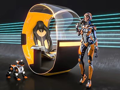 Smart Machines Featuring Exoskeleton Suit Robotic Dog And Round Pod Workstation 3d model