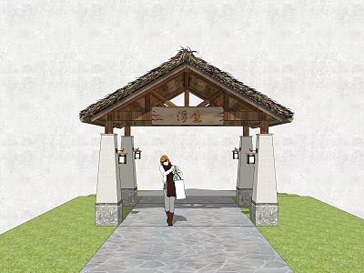 Thatched Roof Wooden Entrance Gate With Hanging Lanterns Plaque And Stone Path In Grass Area 3d model
