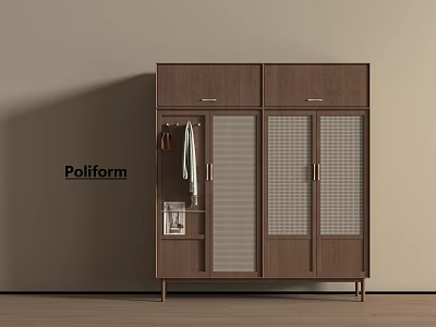 Poliform Walnut Wood Wardrobe With Glass Doors Hanging Section And Small Shelf Compartment 3d model