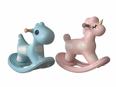 Building Blocks Crafted Blue And Pink Rocking Horses With Giraffe Unicorn Designs And Wavy Bases 3d model