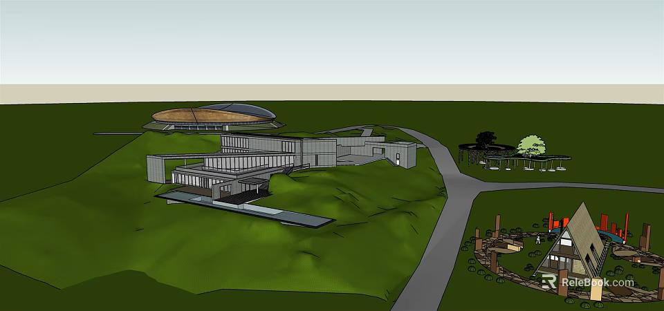 Modern Urban Architectural Complex Featuring Circular Building Low Rise Structures Green Landscape And Water Feature 3d model 