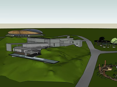 Modern Urban Architectural Complex Featuring Circular Building Low Rise Structures Green Landscape And Water Feature 3d model
