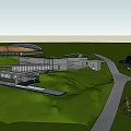 Modern Urban Architectural Complex Featuring Circular Building Low Rise Structures Green Landscape And Water Feature
