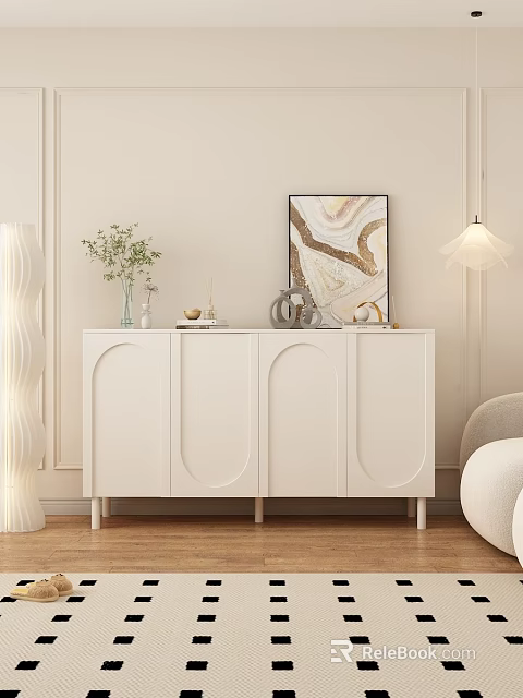 Modern Entryway Console Cabinet And Side Storage With White Finish Decorative Vase And Wall Art 3d model 