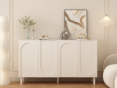 Modern Entryway Console Cabinet And Side Storage With White Finish Decorative Vase And Wall Art 3d model