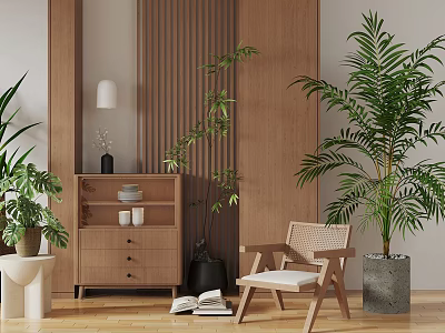 Modern Wooden Chest of Drawers With Green Plants Rattan Chair and Decorative Lamp 3d model