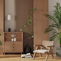 Modern Wooden Chest of Drawers With Green Plants Rattan Chair and Decorative Lamp