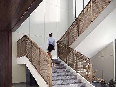 Elegant Modern Staircase Interior With Marble Steps Brass Railings And Natural Light 3d model