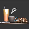 Hot Coffee With Steam Fresh Croissants And Orange Juice On Wooden Tray